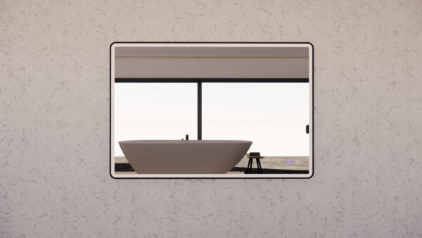 Modern bathroom with freestanding bath reflected in wall mirror, Secasa Home style.
