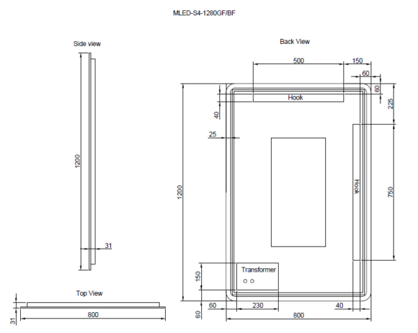 Technical drawing of Secasa Home modern LED bathroom mirror with dimensions and mounting details