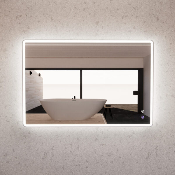 Modern LED bathroom mirror with illuminated frame reflecting a freestanding bathtub, Secasa Home