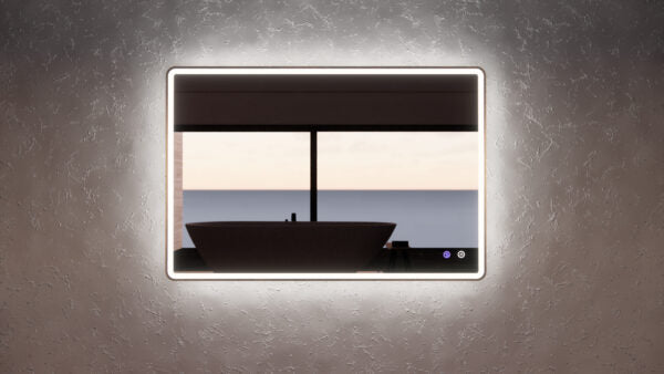 Modern LED backlit bathroom mirror above vanity with ocean view, Secasa Home