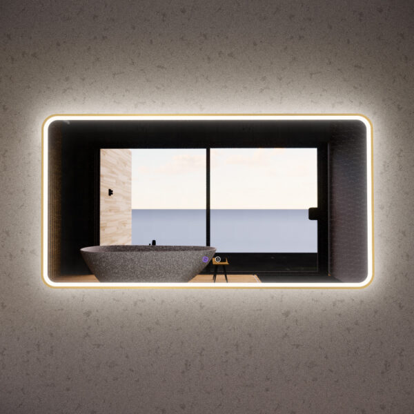 Modern backlit bathroom mirror with a stone freestanding bath and ocean view, Secasa Home
