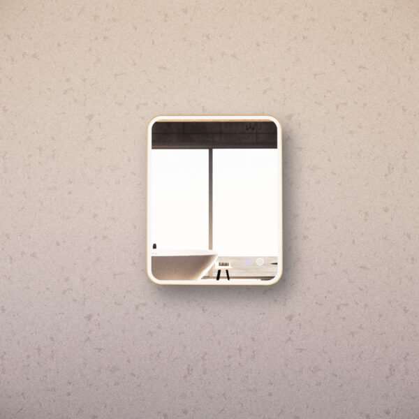 Modern LED bathroom mirror with backlit frame mounted on textured wall, Secasa Home