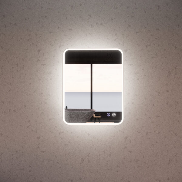 Modern LED bathroom mirror with touch controls on stone wall, Secasa Home Australia