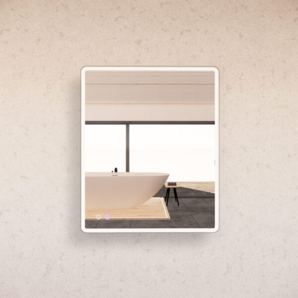 Modern LED bathroom mirror reflecting a freestanding bath in a minimalist bathroom