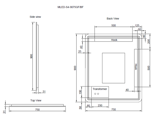 Technical drawing of a rectangular LED bathroom mirror, 900x750mm with transformer and hook details