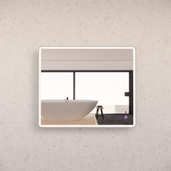 Modern square LED bathroom mirror reflecting a white freestanding bathtub and stool