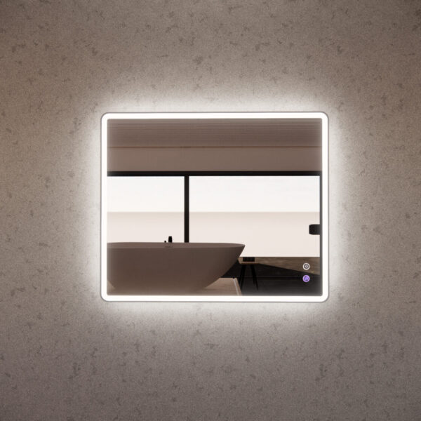 Modern square LED bathroom mirror with touch controls on grey wall, reflecting bathtub and window