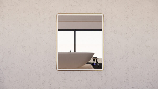 Modern bathroom vanity mirror reflecting a freestanding bath and large window, Secasa Home