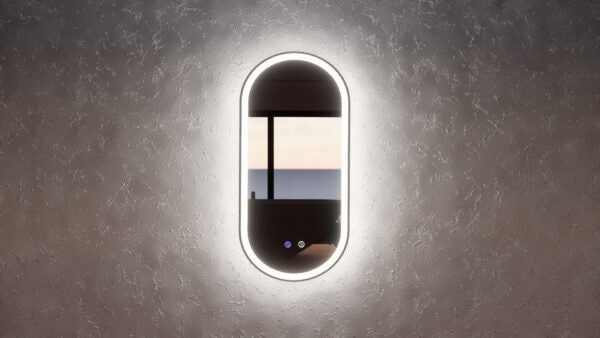 Oval LED bathroom mirror with touch controls on a textured wall, modern vanity style