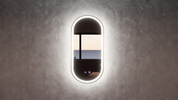 Modern oval LED bathroom mirror with backlit glow on textured wall, Secasa Home