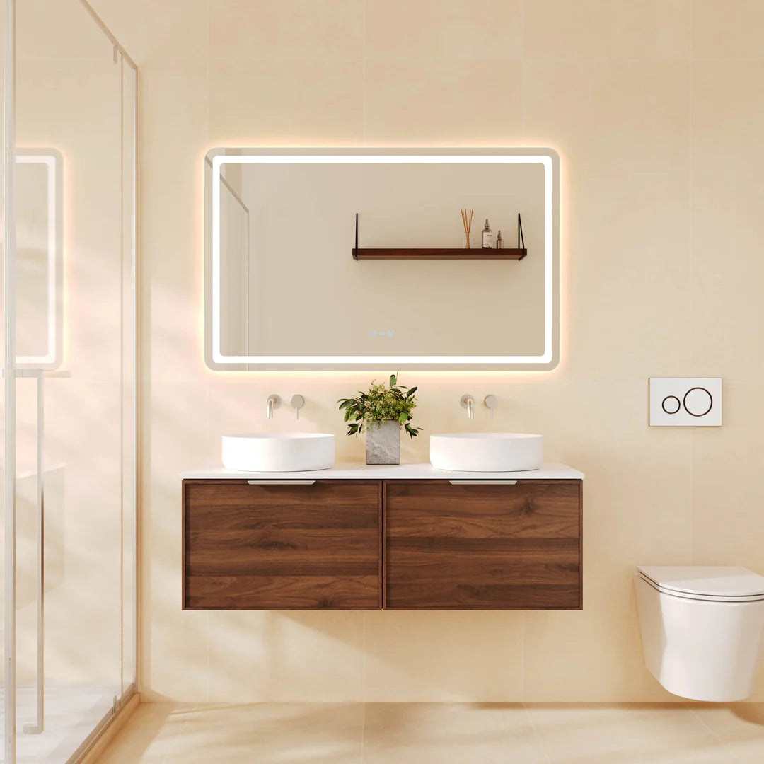 Mercio Paris 1190mm Wall-Hung Vanity in Walnut Woodmatt, featuring dual basins, sleek curved lip pull handles, and a modern straight-edge design, styled in a warm contemporary bathroom.