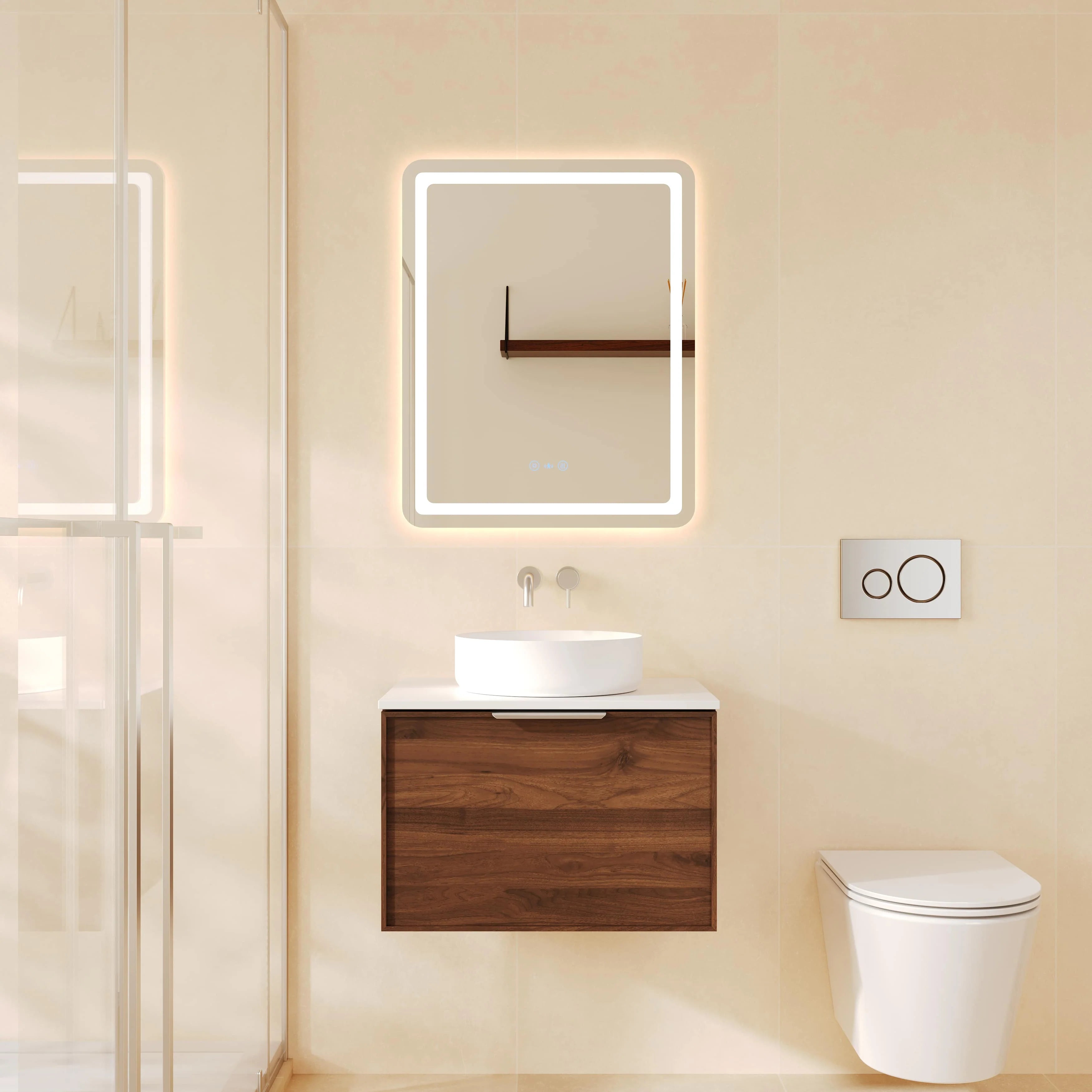 Mercio Paris 590mm Wall-Hung Vanity in Walnut Woodmatt, showcasing a single basin, a curved lip pull handle, and a modern straight-edge design with an arched LED mirror in a minimalist bathroom.