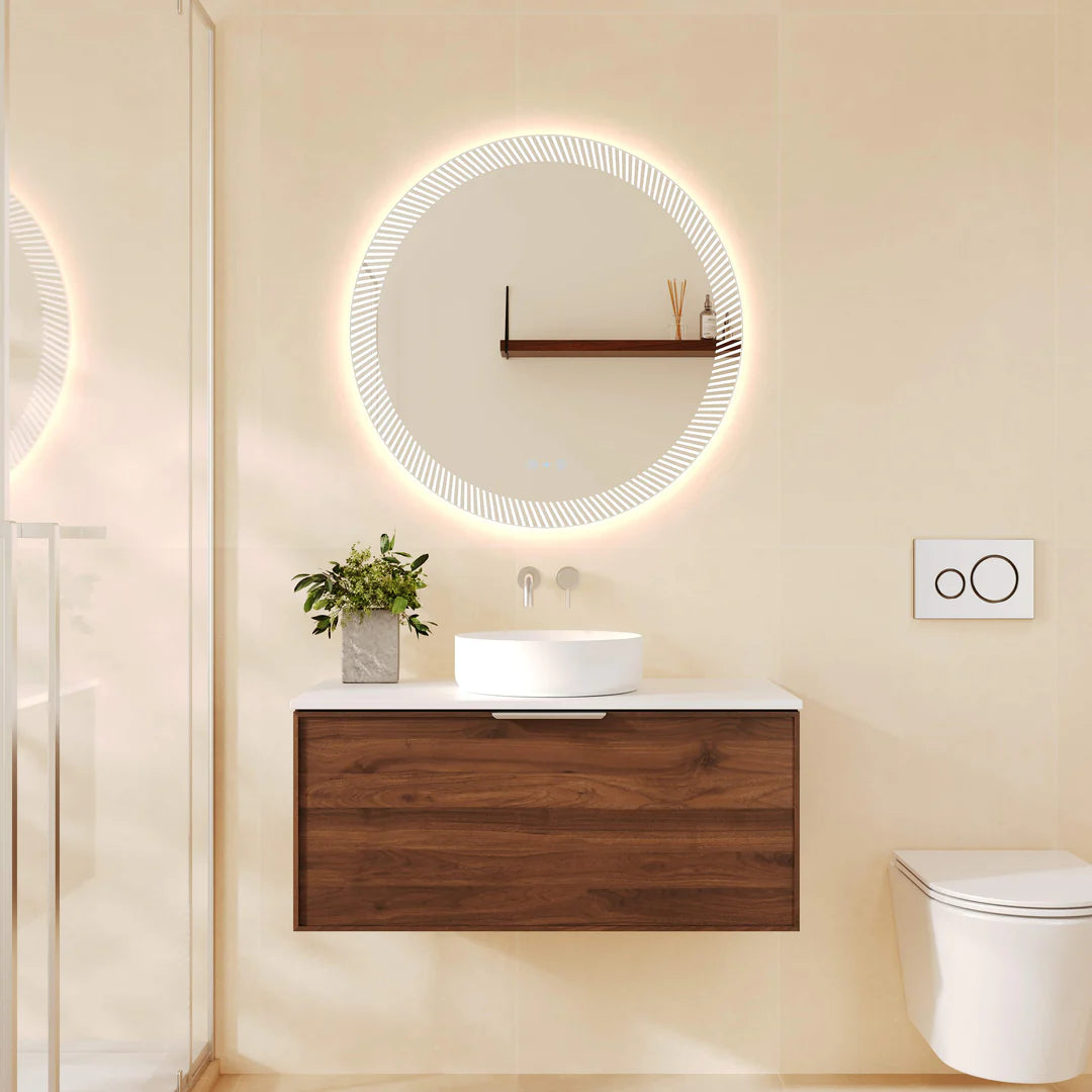 Mercio Paris 890mm Wall-Hung Vanity in Walnut Woodmatt, showcasing a single basin, a curved lip pull handle, and a modern straight-edge design with an arched LED mirror in a minimalist bathroom.