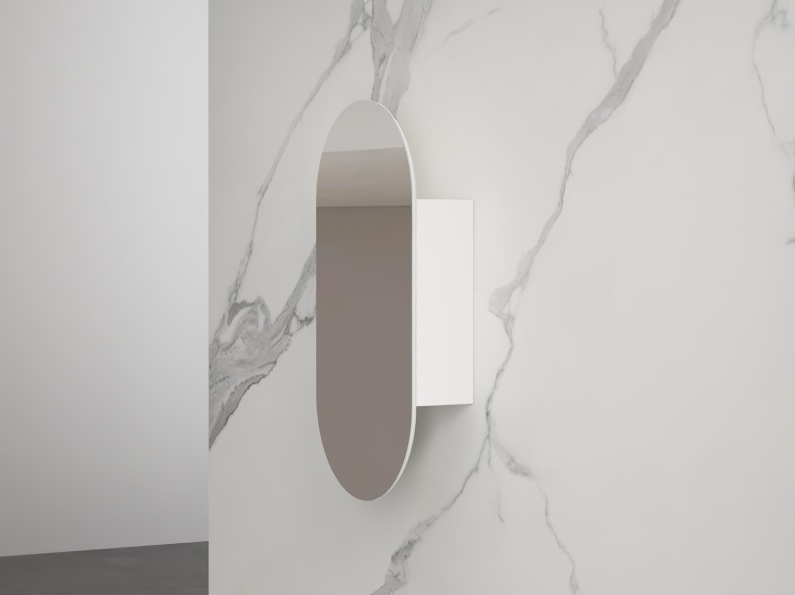 Metro Matt White Shaving Cabinet with oval mirror on marble bathroom wall, modern design