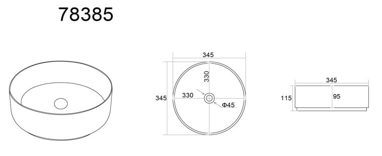 Dimension diagram of Lukka Ollia fine ceramic above counter basin 360×360×120 mm in matte Carrara black, round shape, non-overflow