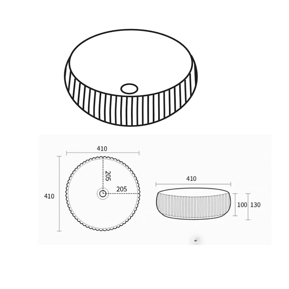 Dimension diagram of Lukka Oran Fine Ceramic Fluted Art Basin 400×400×140 mm, available in Gloss White, Matt White, and Matt Black finishes, non-overflow