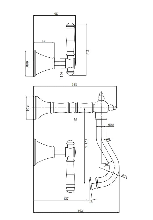 Technical drawing of Secasa Home vintage wall-mounted bathroom tapware with measurements