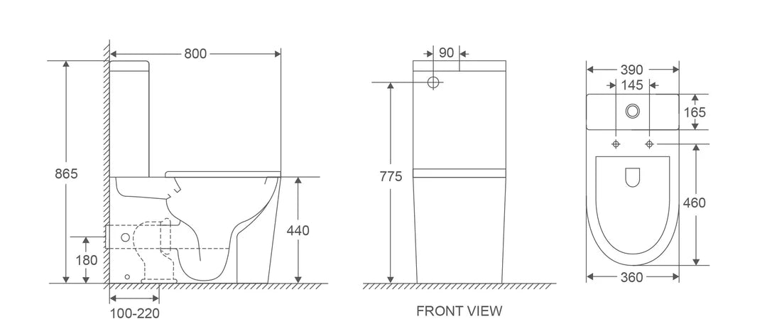 Modern toilet technical drawing with dimensions, bathroom renovation product Secasa Home