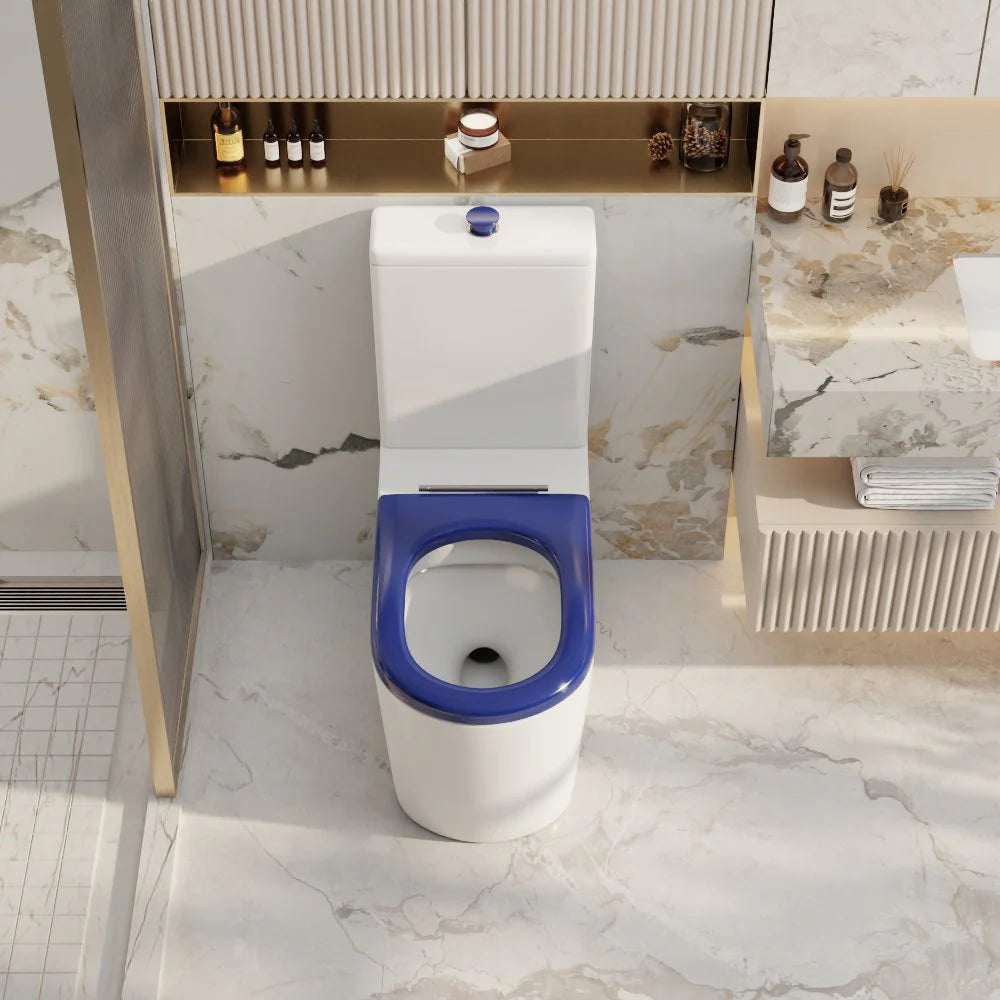 Modern bathroom with white toilet featuring blue seat, marble floor and vanity, Secasa Home