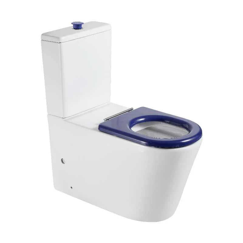 Modern white toilet with a blue seat, bathroom renovation product from Secasa Home