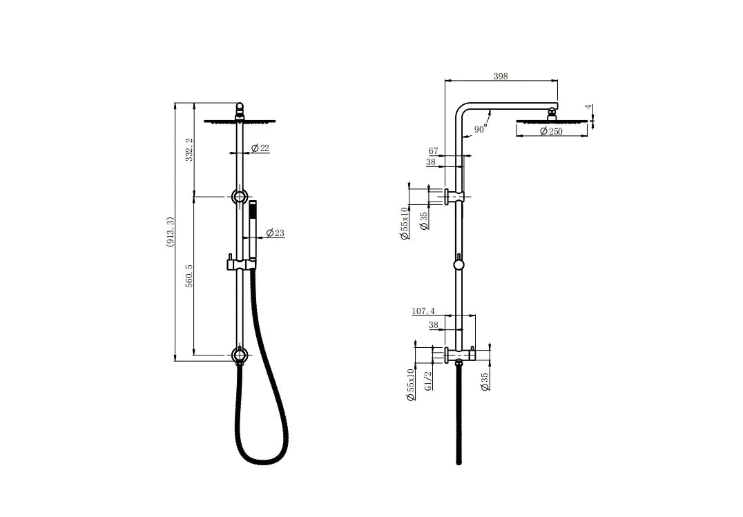 Technical drawing of modern bathroom shower set with dimensions, Secasa Home Australia
