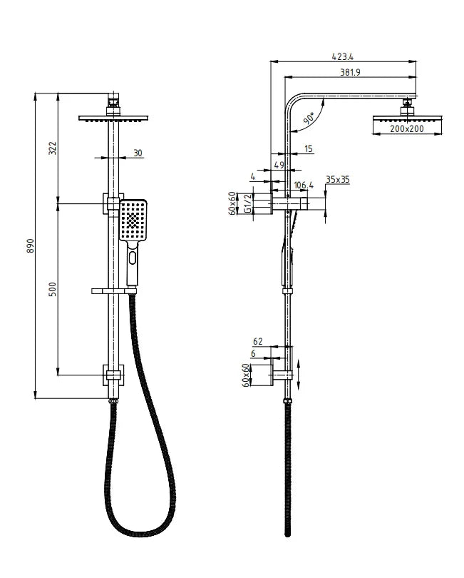 Technical drawing of a modern shower set with rainfall head and handheld sprayer, Secasa Home