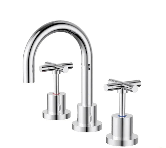 Modern chrome three-piece bathroom tapware set with cross handles from Secasa Home