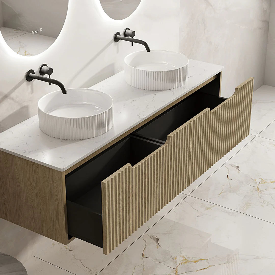 Mercio RHEA Natural Oak Fluted Wall Hung Vanity | 600–1500mm | Elegant Storage in Minimalist Design