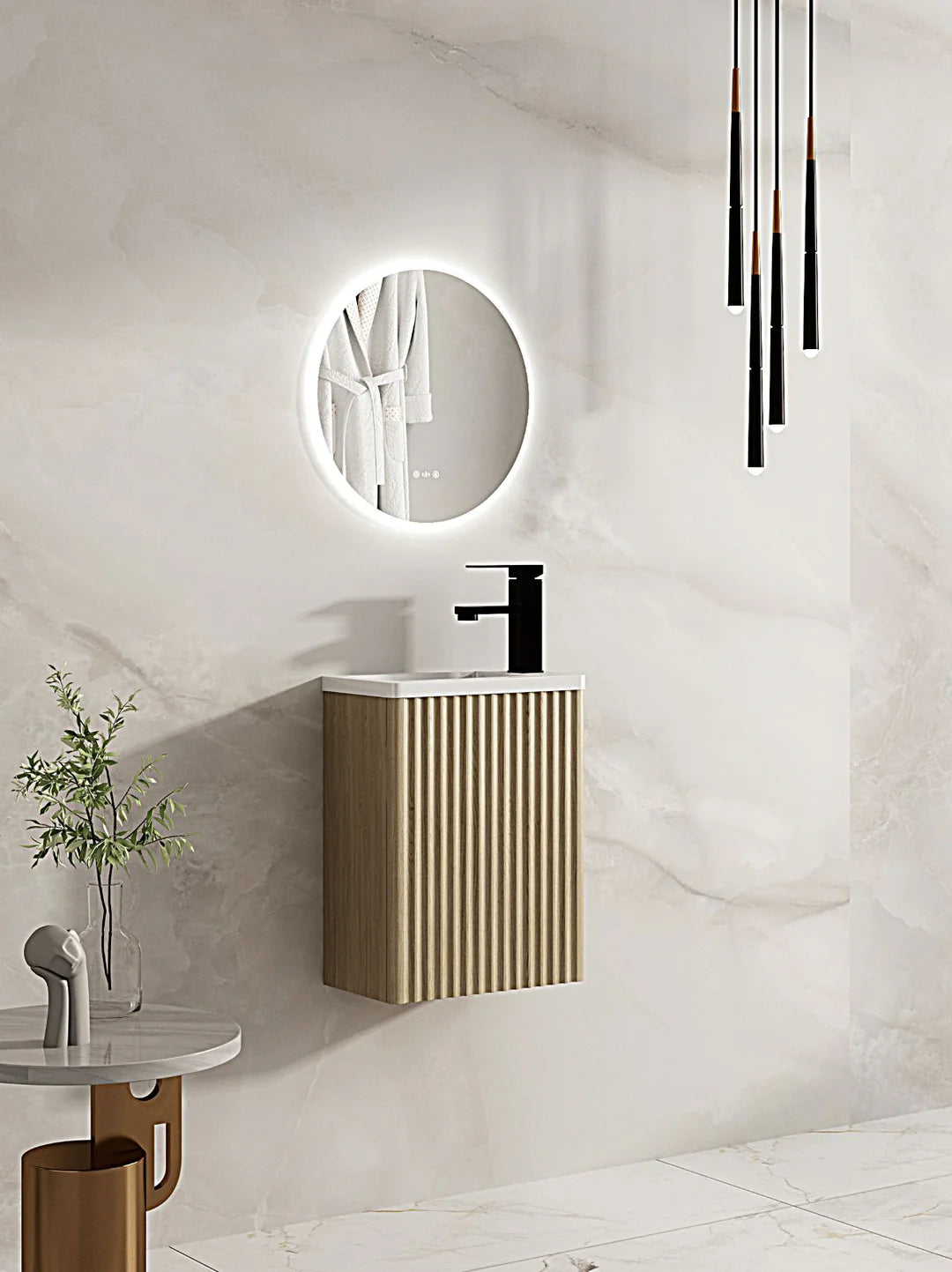 Modern bathroom with wall-hung wood vanity, round LED mirror, black tapware, and marble tiles
