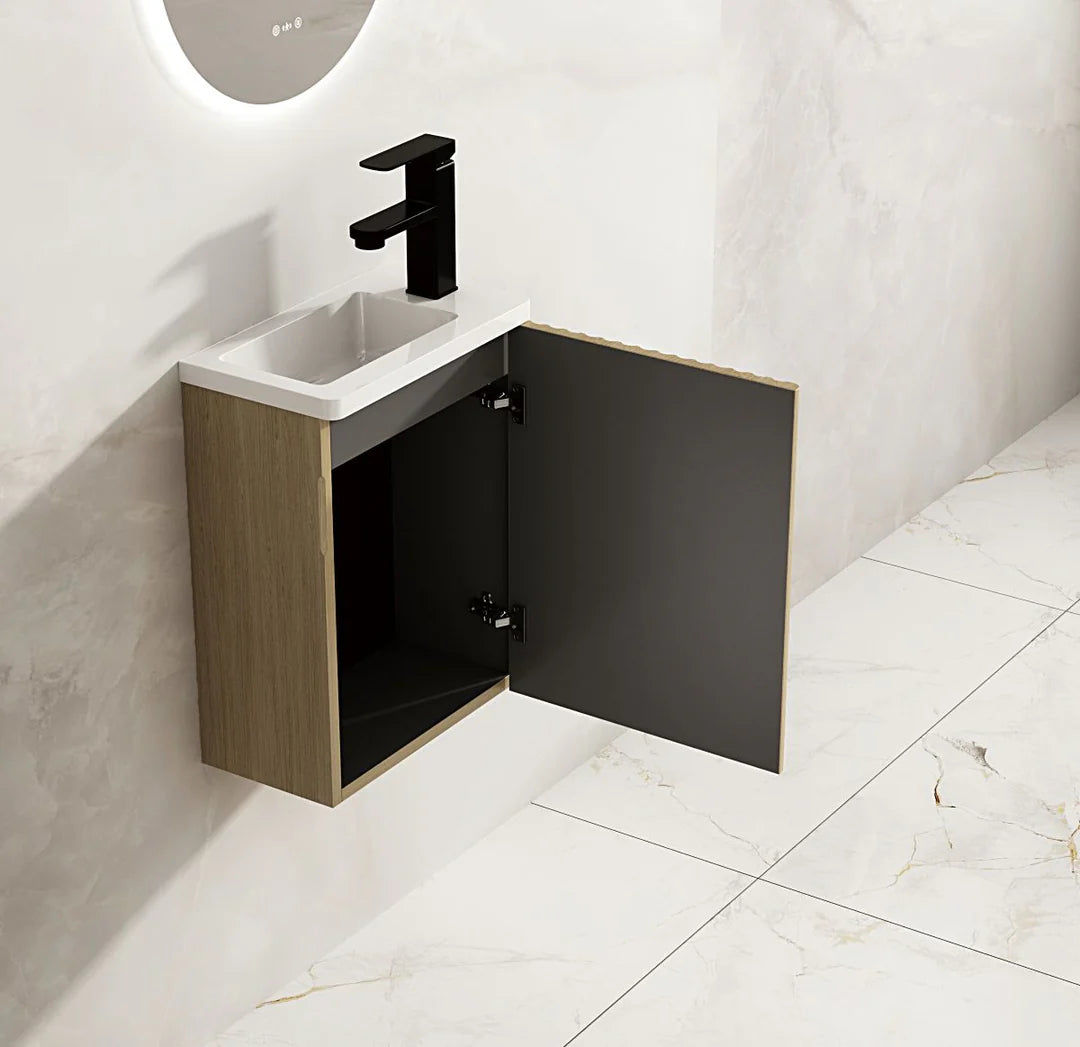 Modern wall-mounted bathroom vanity with black tapware and open cabinet, Secasa Home