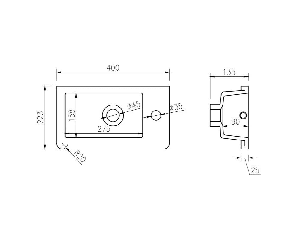Rectangular bathroom sink technical drawing with detailed measurements, Secasa Home product