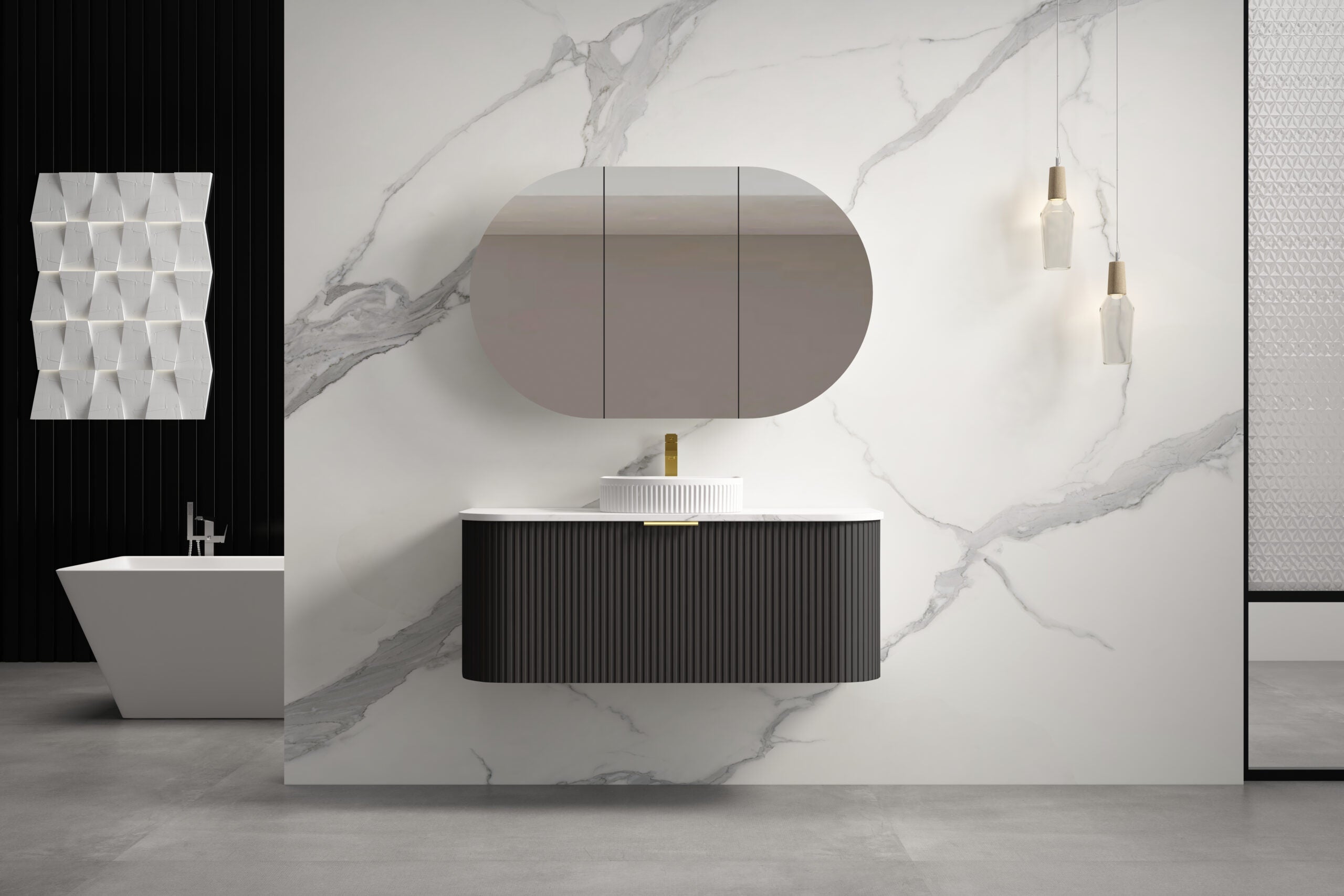 INFINITY RIO Matt Black Curved Fluted Wall Hung Vanity ALL SIZE