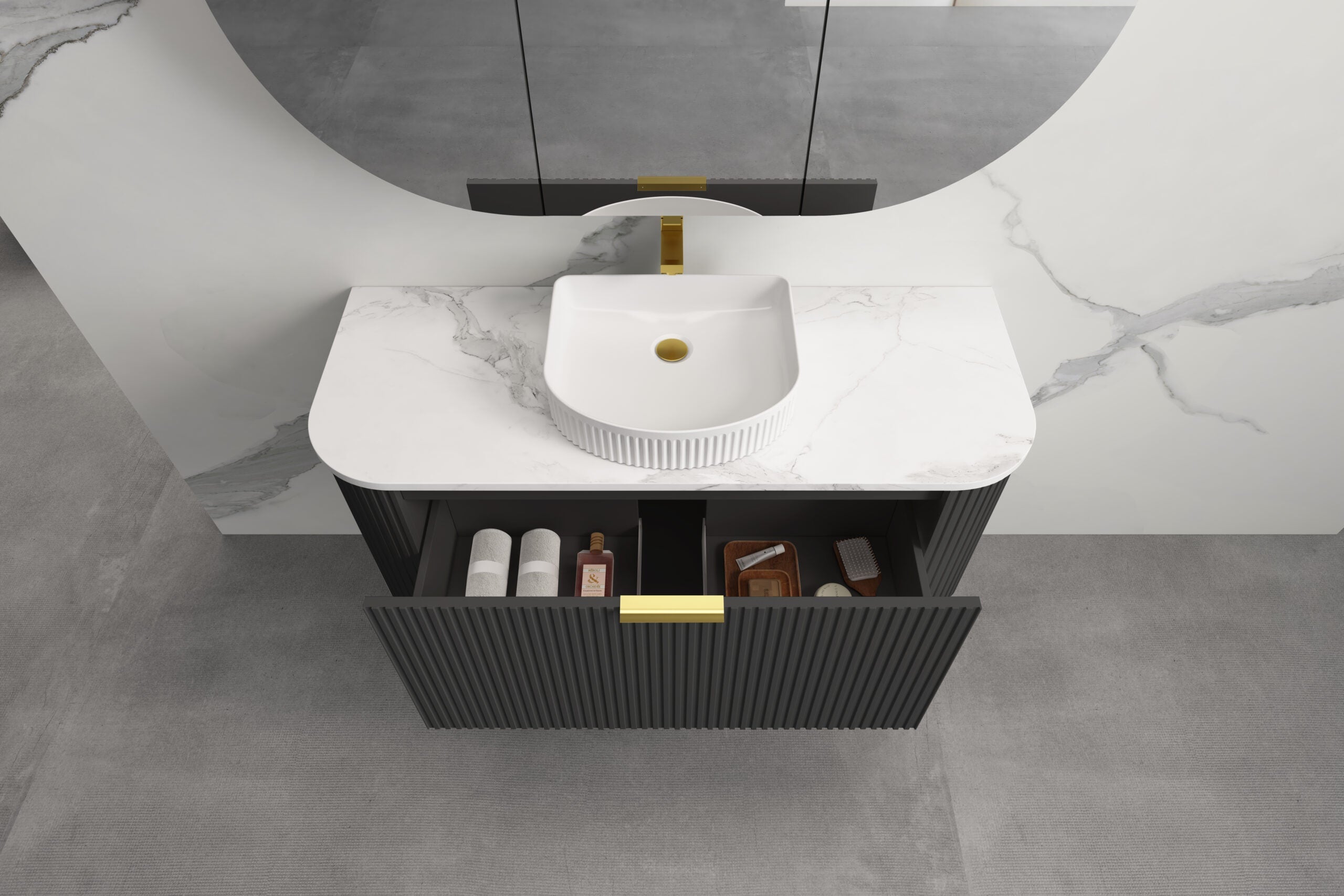 INFINITY RIO Matt Black Curved Fluted Wall Hung Vanity ALL SIZE