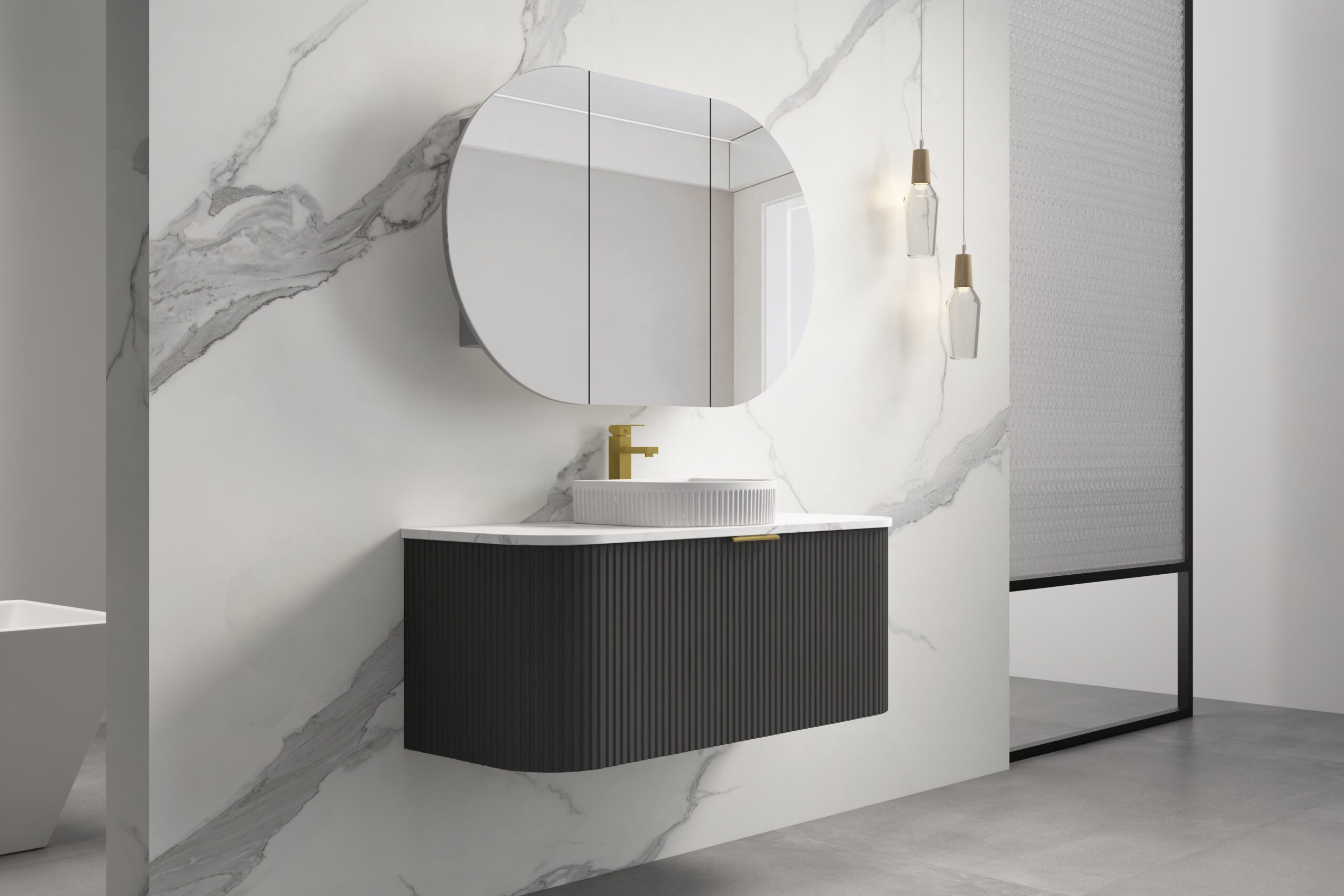 INFINITY RIO Matt Black Curved Fluted Wall Hung Vanity ALL SIZE