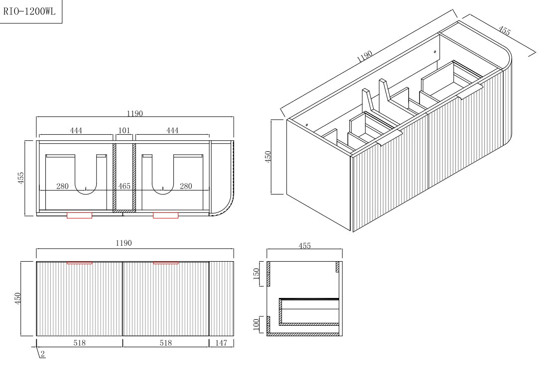 INFINITY Rio Left Corner Fluted Wall Hung Vanity – Matte White | 600–1500mm