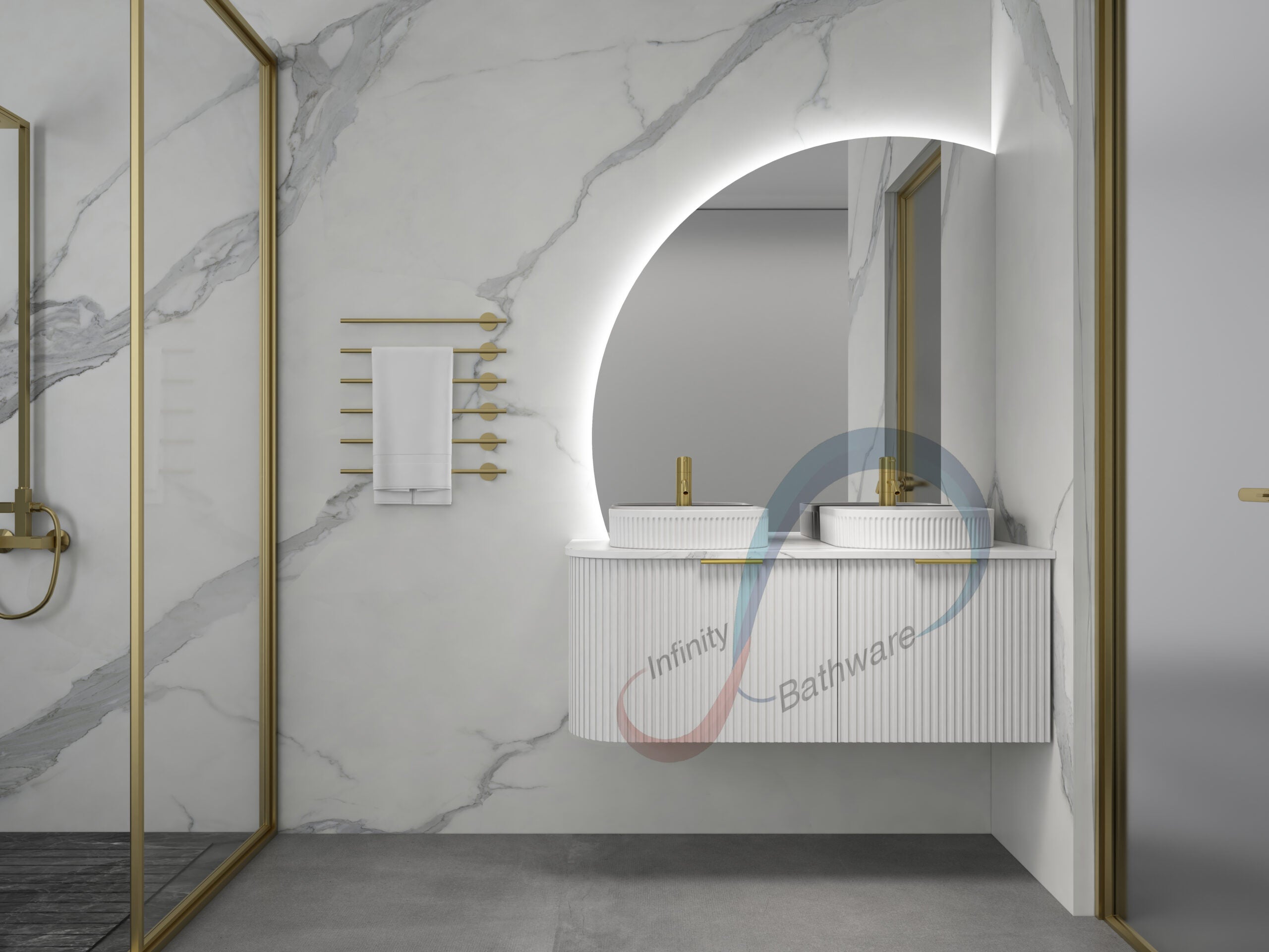 INFINITY Rio Right Corner Fluted Wall Hung Vanity – Matte White | 600–1500mm