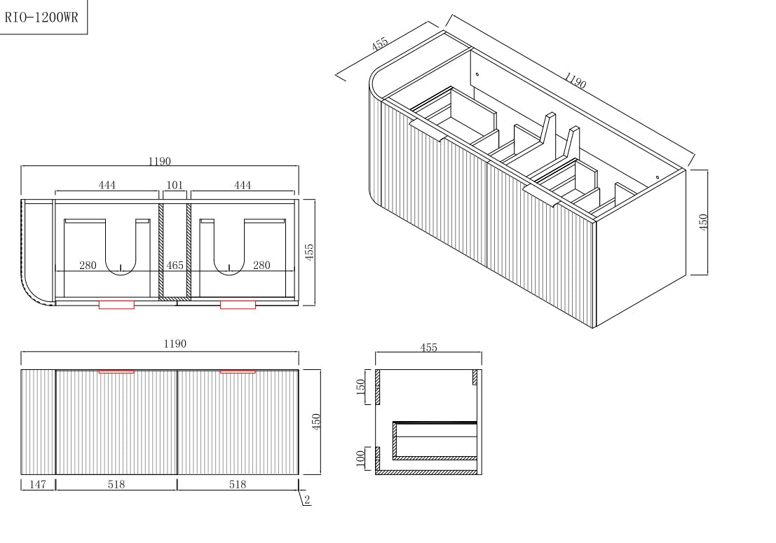 INFINITY Rio Right Corner Fluted Wall Hung Vanity – Matte White | 600–1500mm