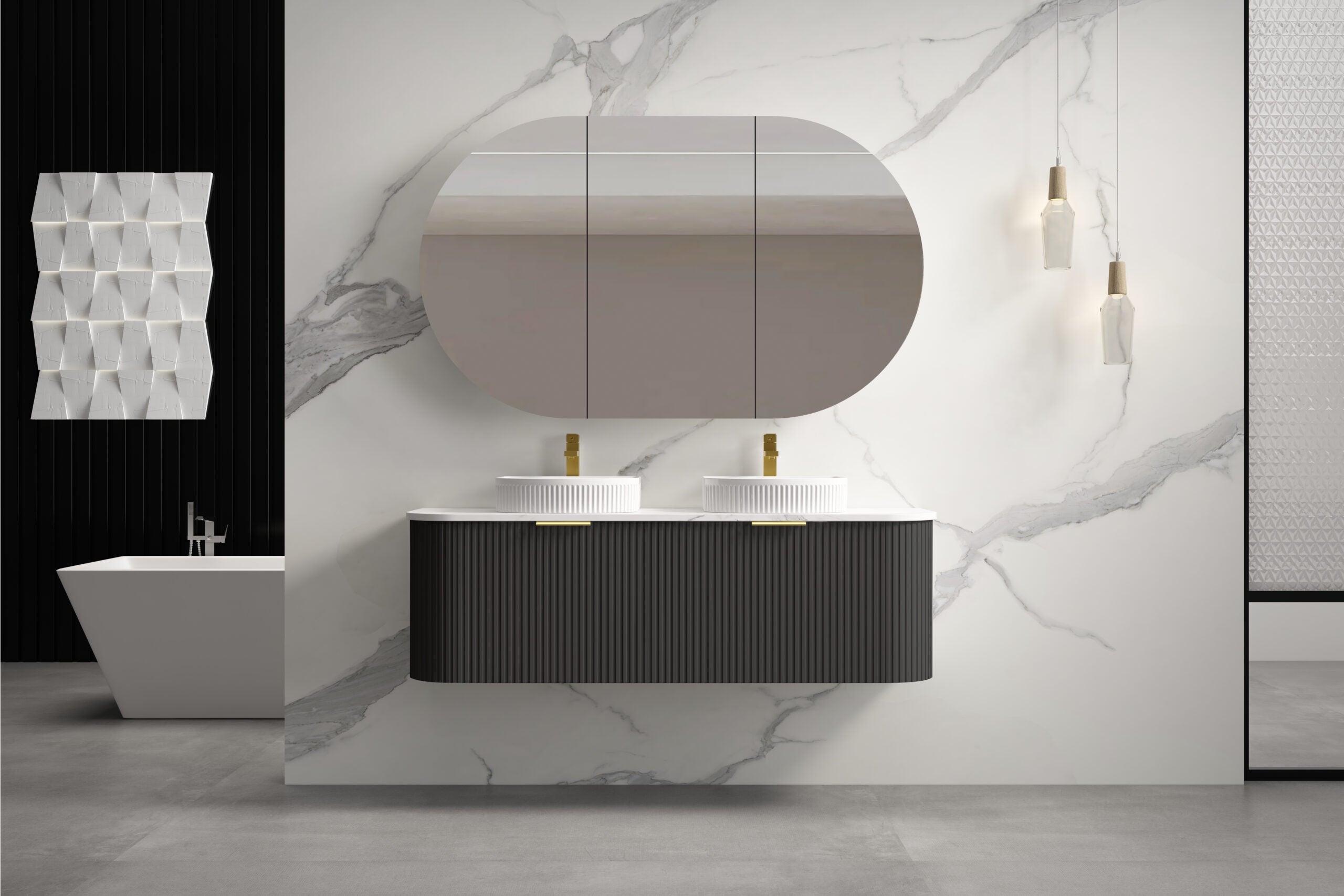 INFINITY RIO Matt Black Curved Fluted Wall Hung Vanity ALL SIZE