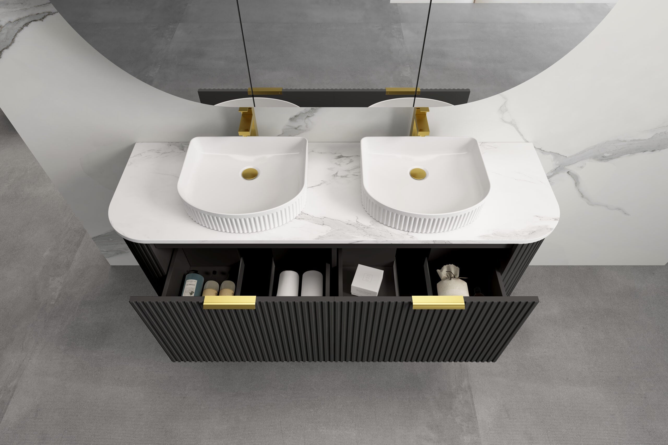 INFINITY RIO Matt Black Curved Fluted Wall Hung Vanity ALL SIZE