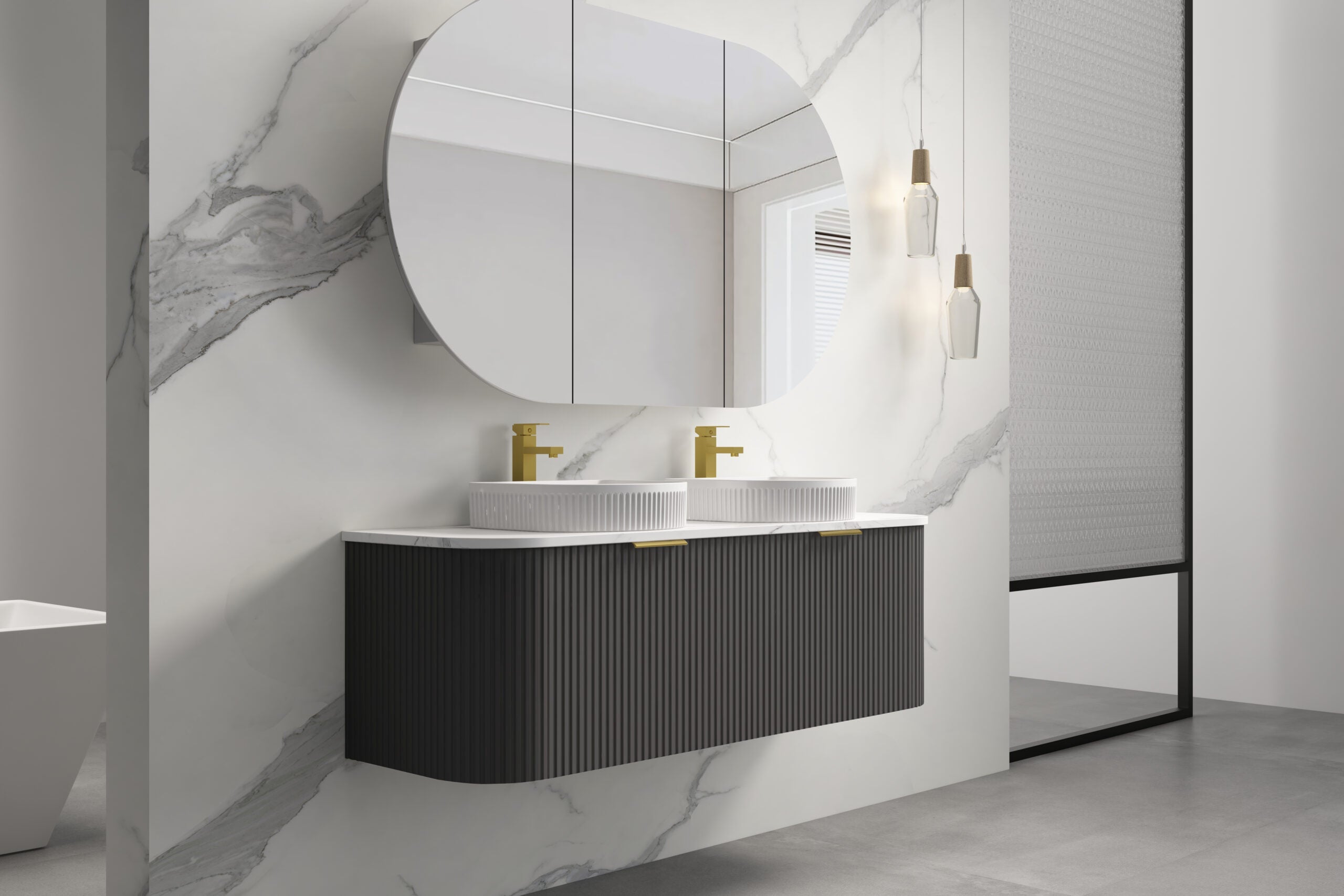 INFINITY RIO Matt Black Curved Fluted Wall Hung Vanity ALL SIZE