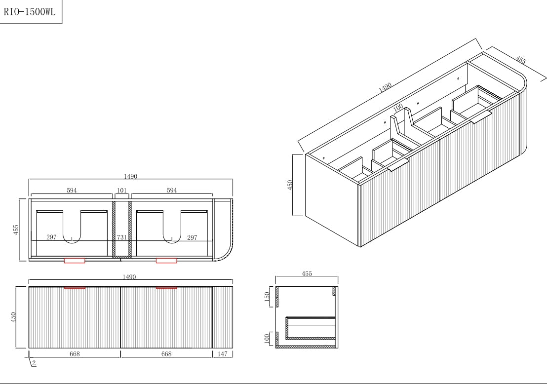INFINITY Rio Left Corner Fluted Wall Hung Vanity – Matte White | 600–1500mm