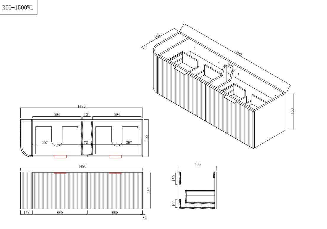 INFINITY Rio Right Corner Fluted Wall Hung Vanity – Matte White | 600–1500mm