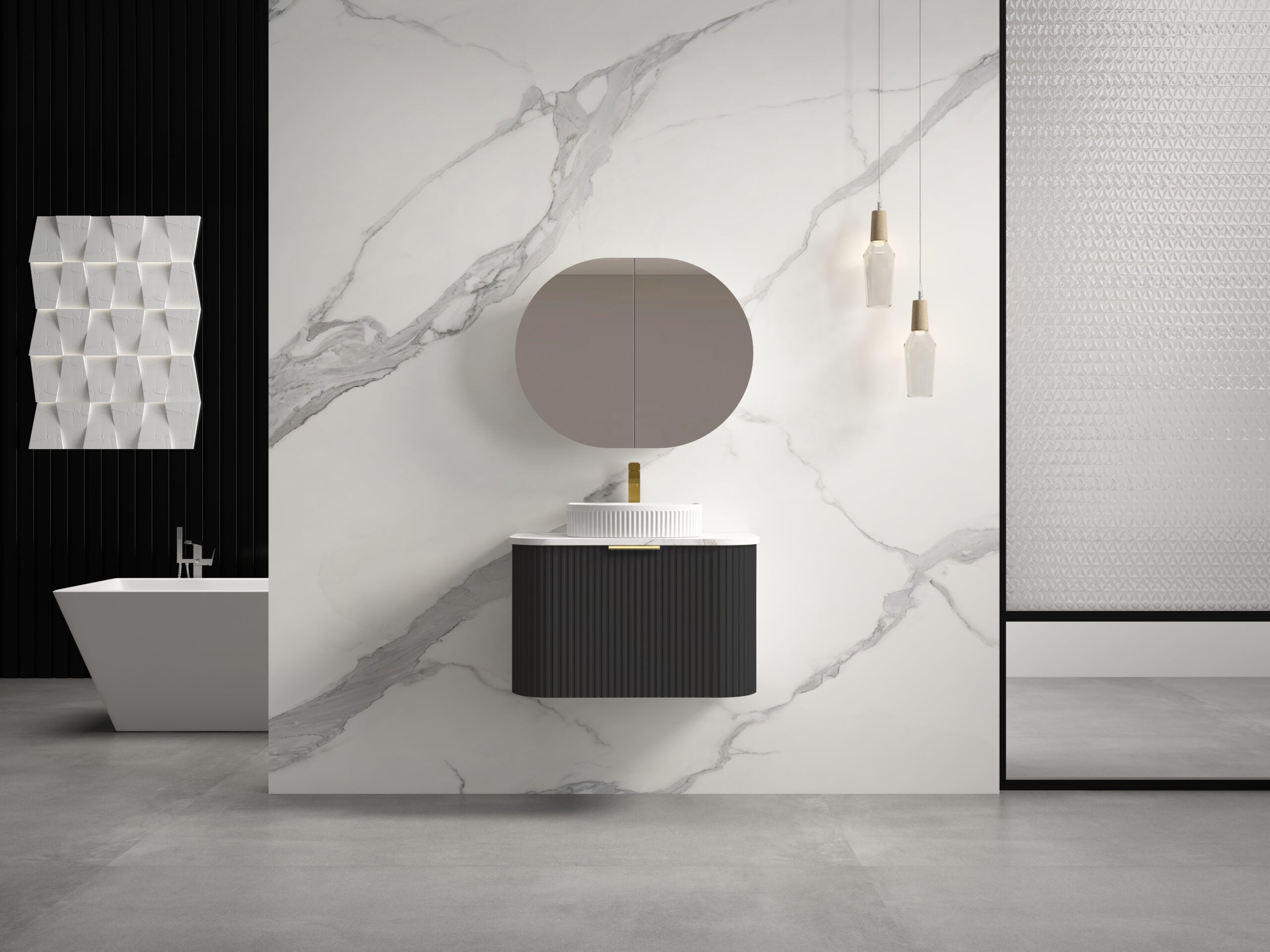 INFINITY RIO Matt Black Curved Fluted Wall Hung Vanity ALL SIZE