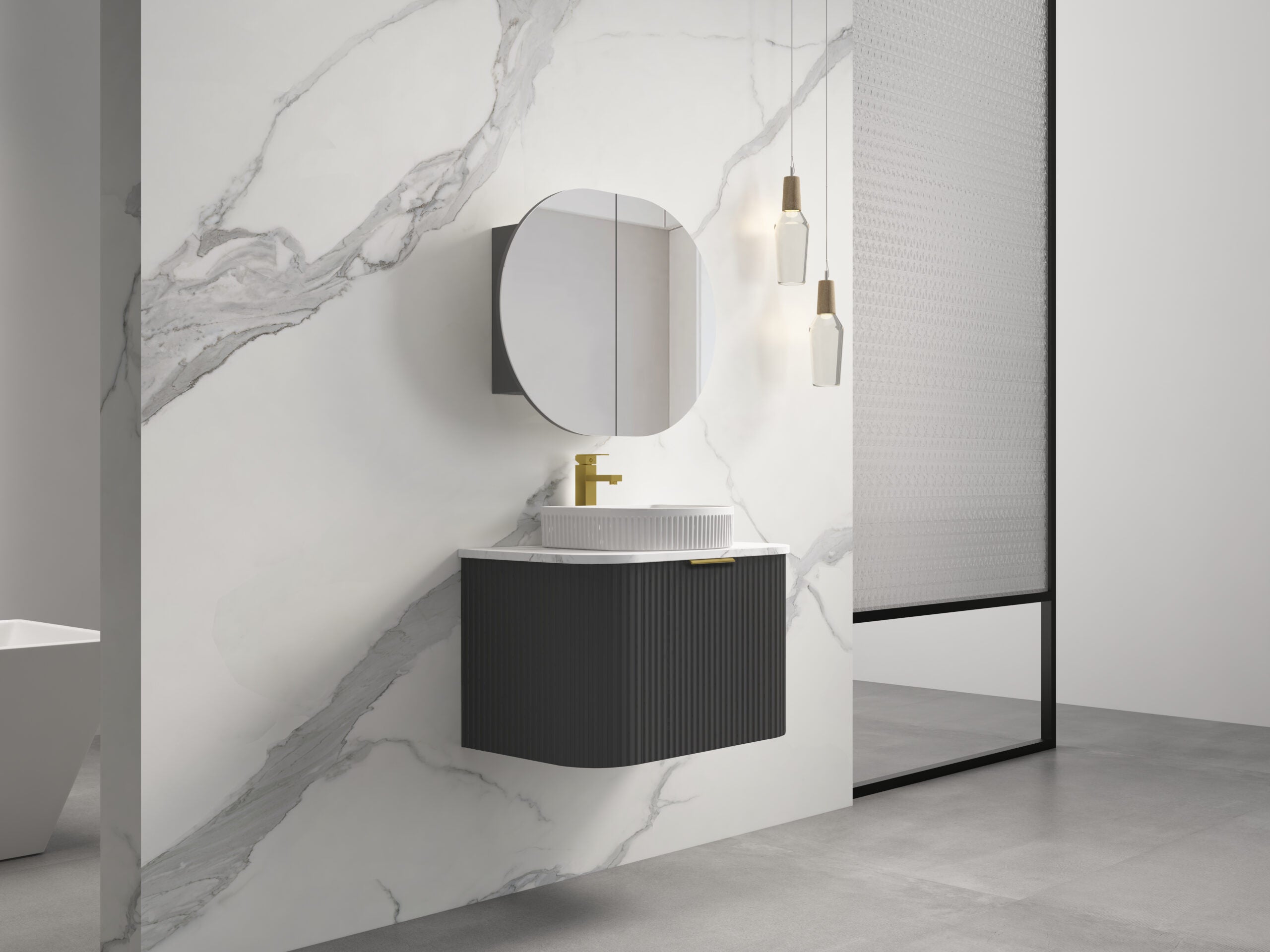 INFINITY RIO Matt Black Curved Fluted Wall Hung Vanity ALL SIZE