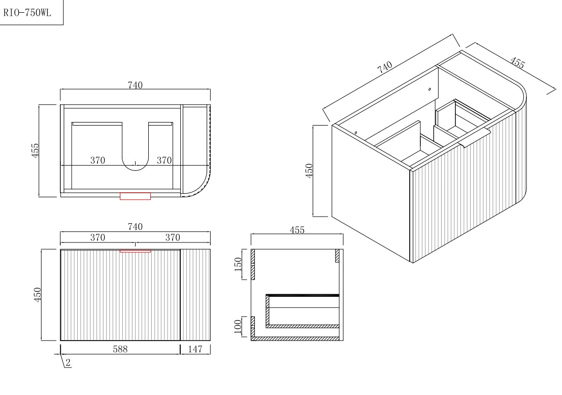 INFINITY Rio Left Corner Fluted Wall Hung Vanity – Matte White | 600–1500mm