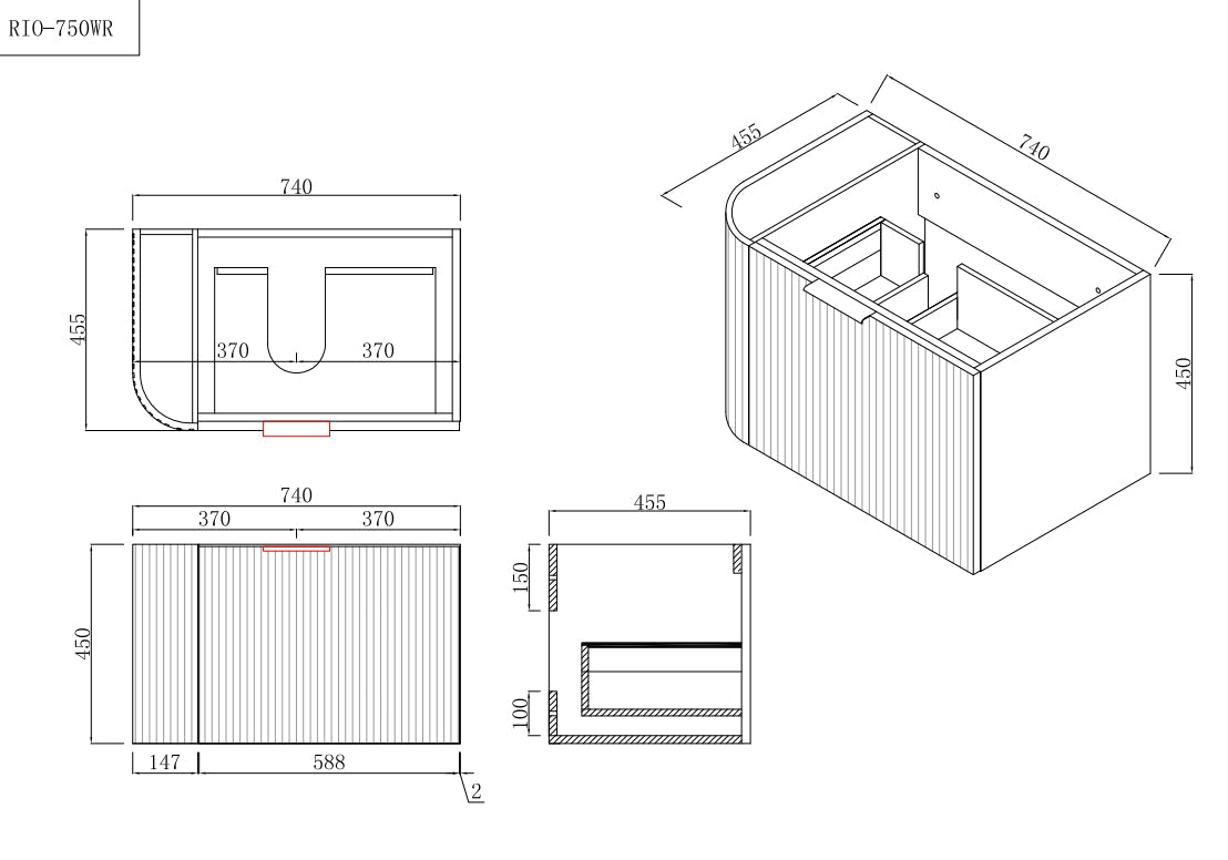 INFINITY Rio Right Corner Fluted Wall Hung Vanity – Matte White | 600–1500mm