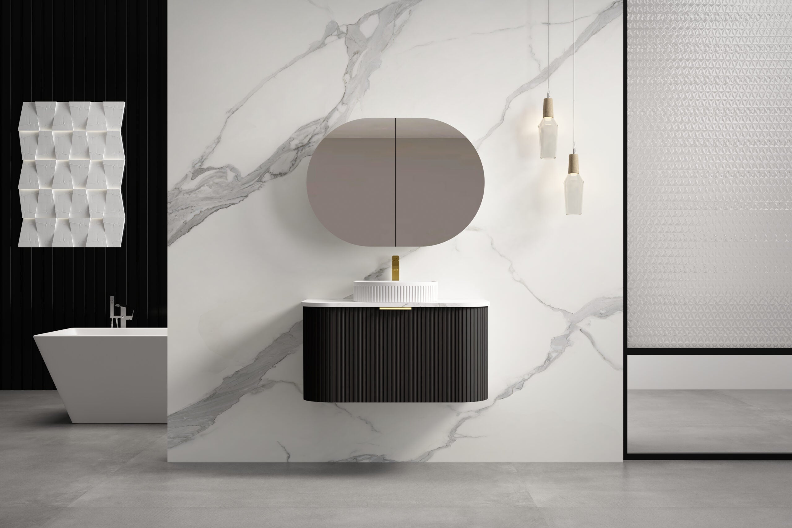 INFINITY RIO Matt Black Curved Fluted Wall Hung Vanity ALL SIZE