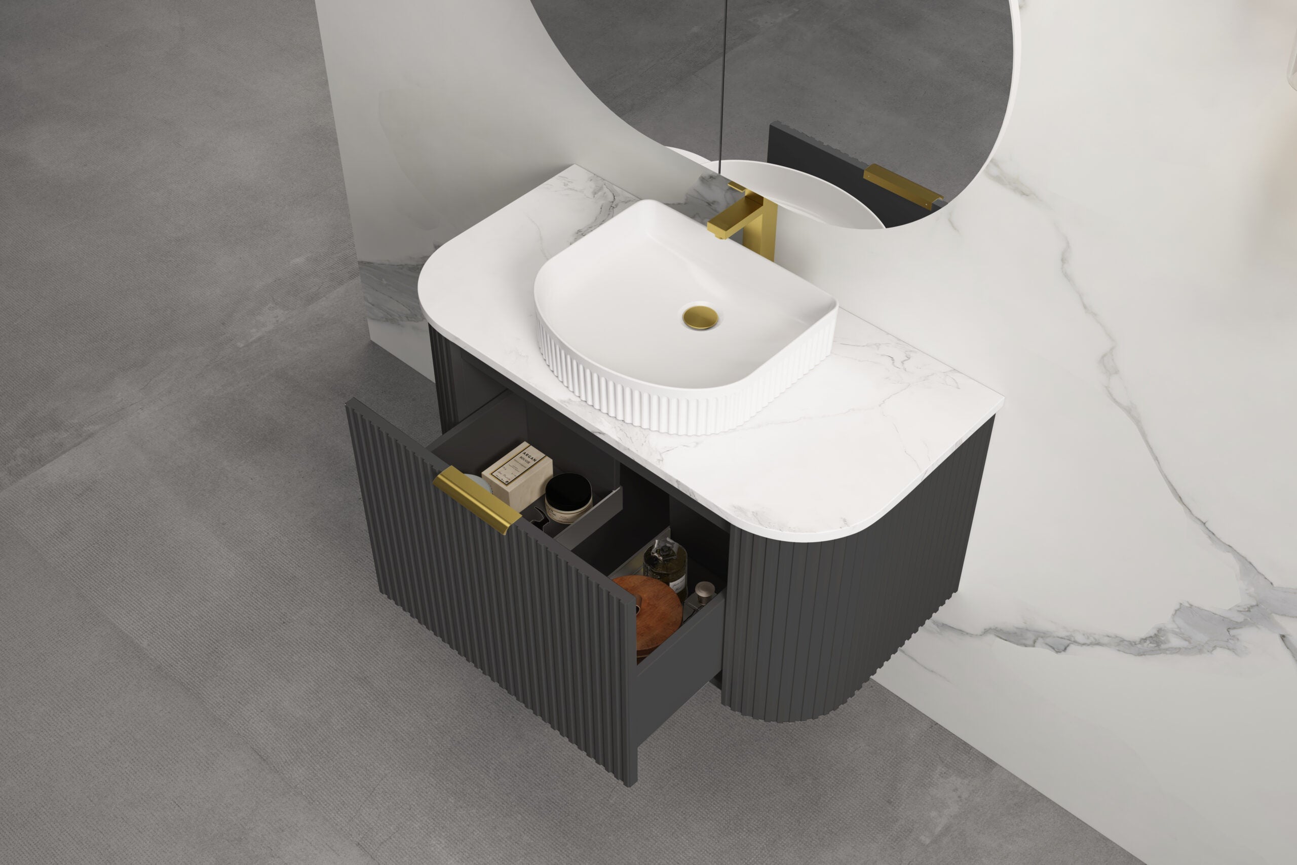 INFINITY RIO Matt Black Curved Fluted Wall Hung Vanity ALL SIZE