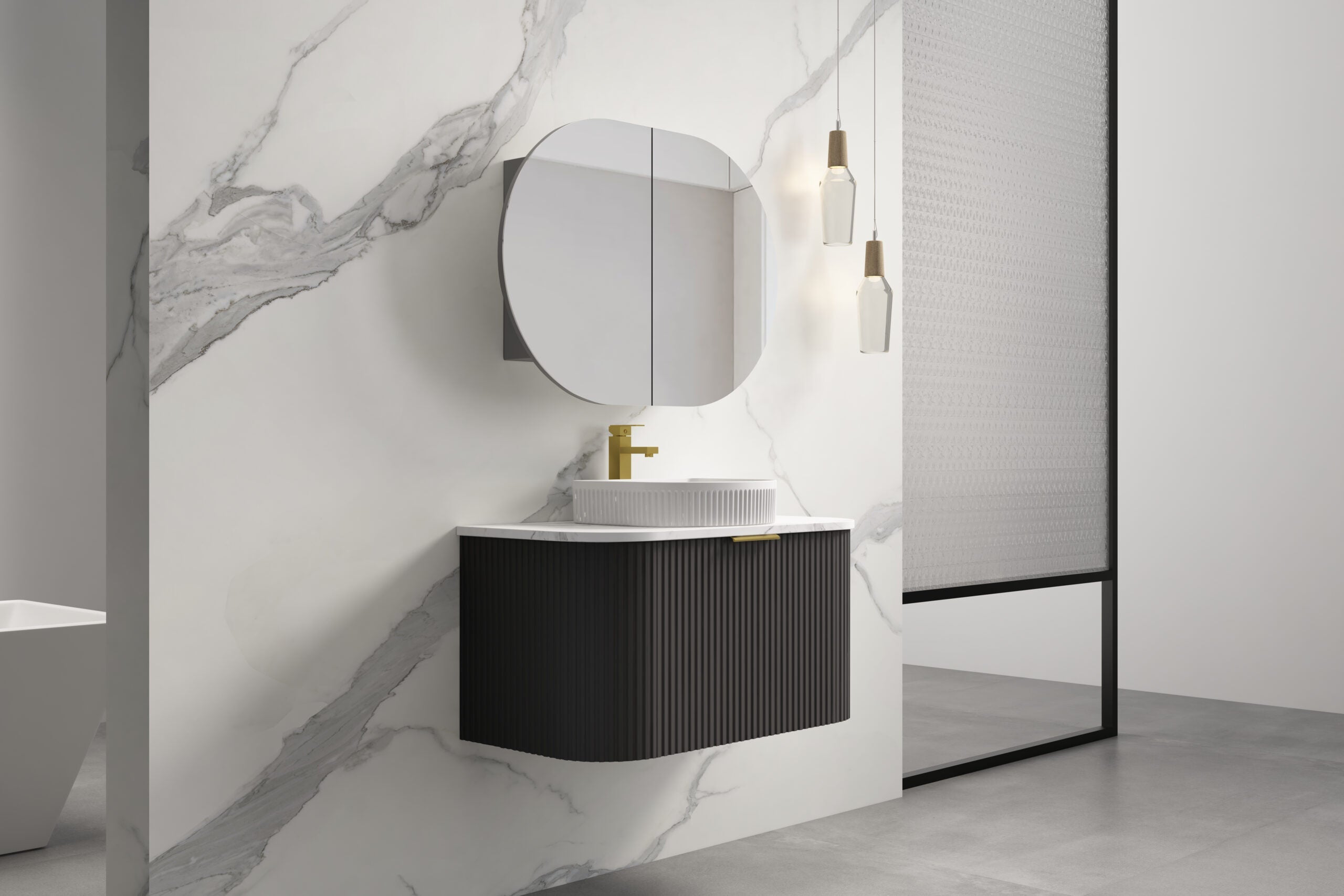 INFINITY RIO Matt Black Curved Fluted Wall Hung Vanity ALL SIZE