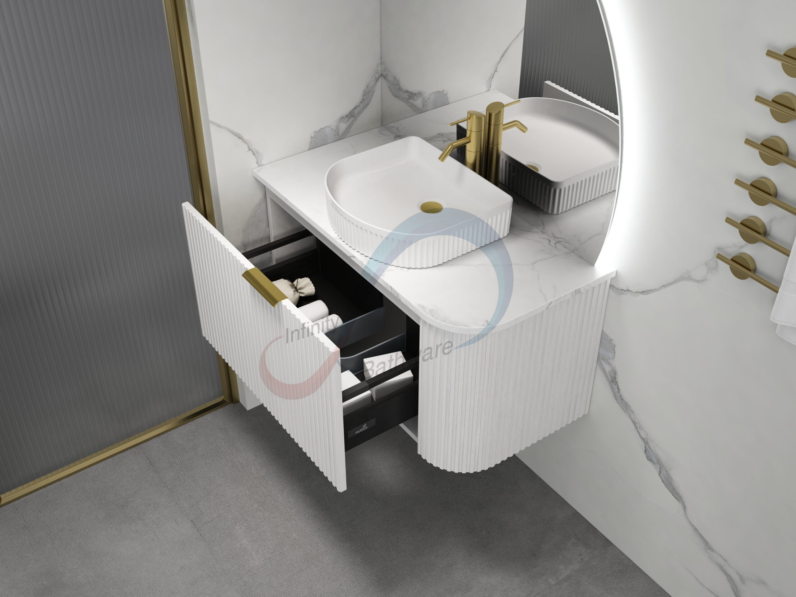 INFINITY Rio Left Corner Fluted Wall Hung Vanity – Matte White | 600–1500mm